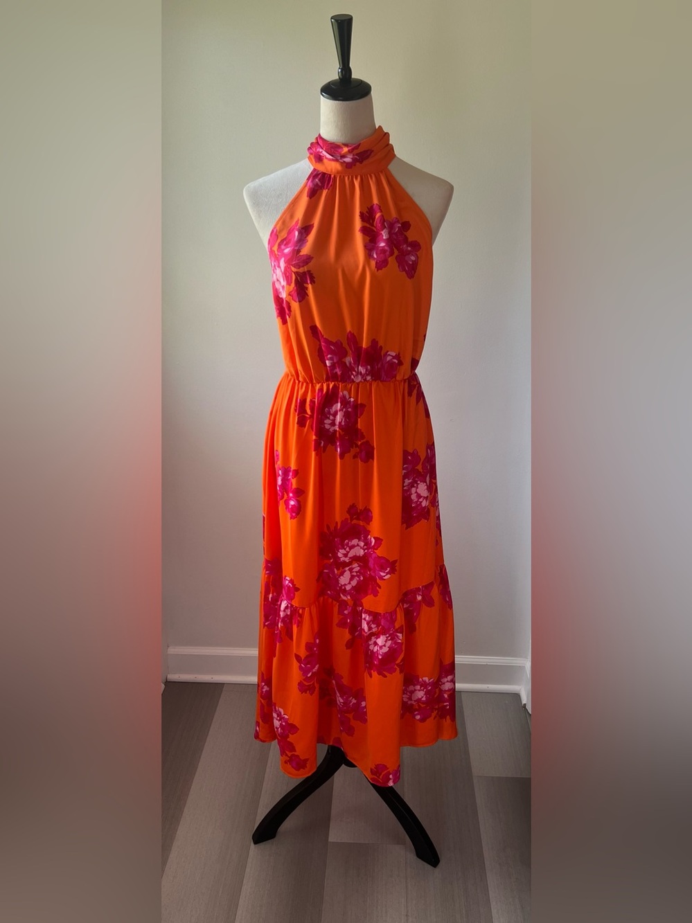 Orange and Pink Floral Halter Midi Dress